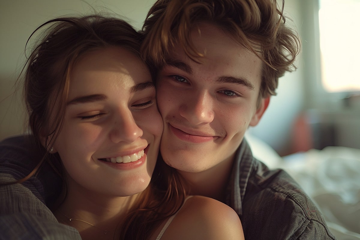 Tender close-up of a queer couple smiling in post-intimacy bliss, symbolizing the joy and connection fostered through inclusive pleasure tools like Singapore Blush’s Oh My Gem.