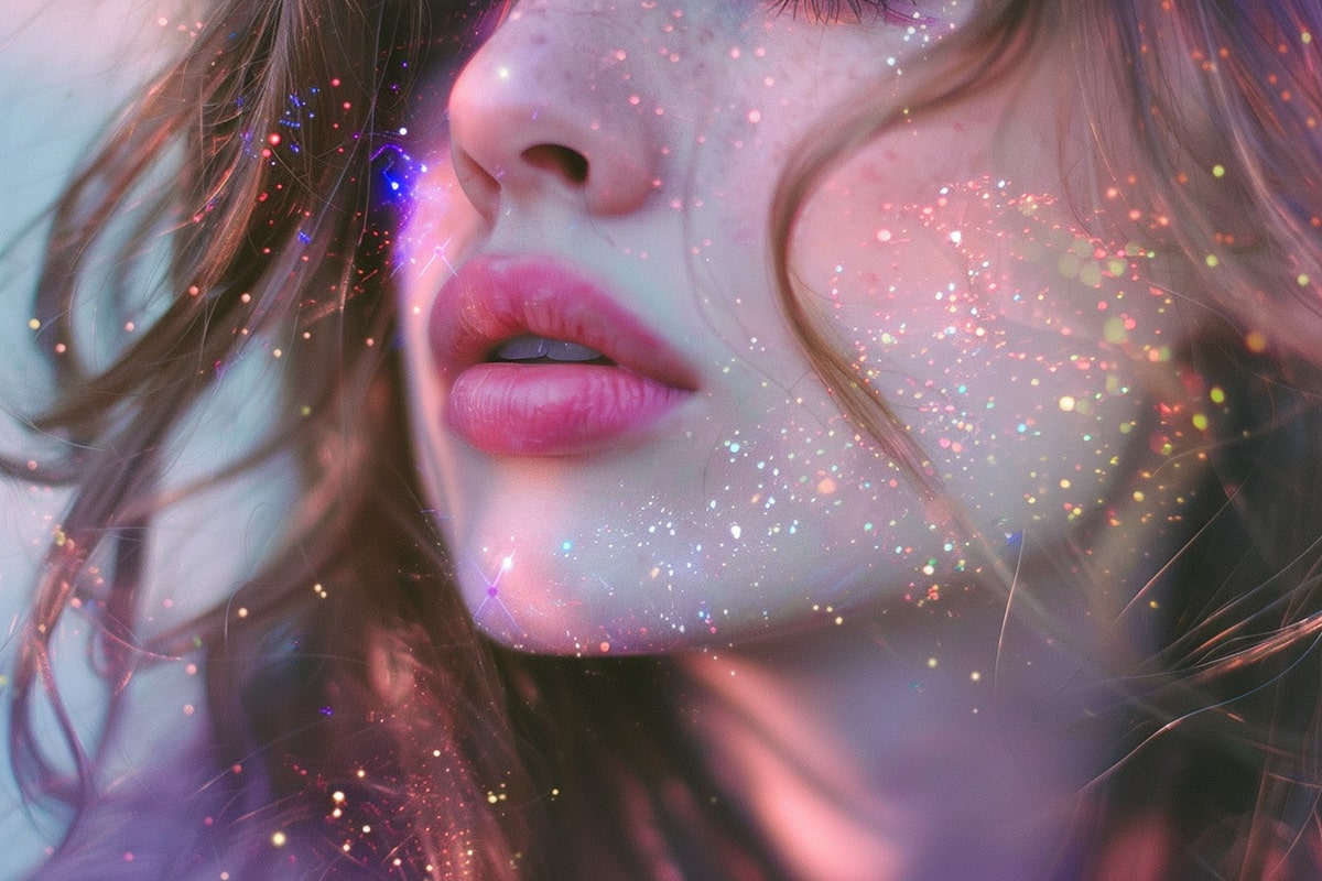 Close-up of a freckled person with soft pink lips and iridescent glitter scattered across their face—celebrating gender nonconformity, self-love, and queer beauty that transcends the expected.