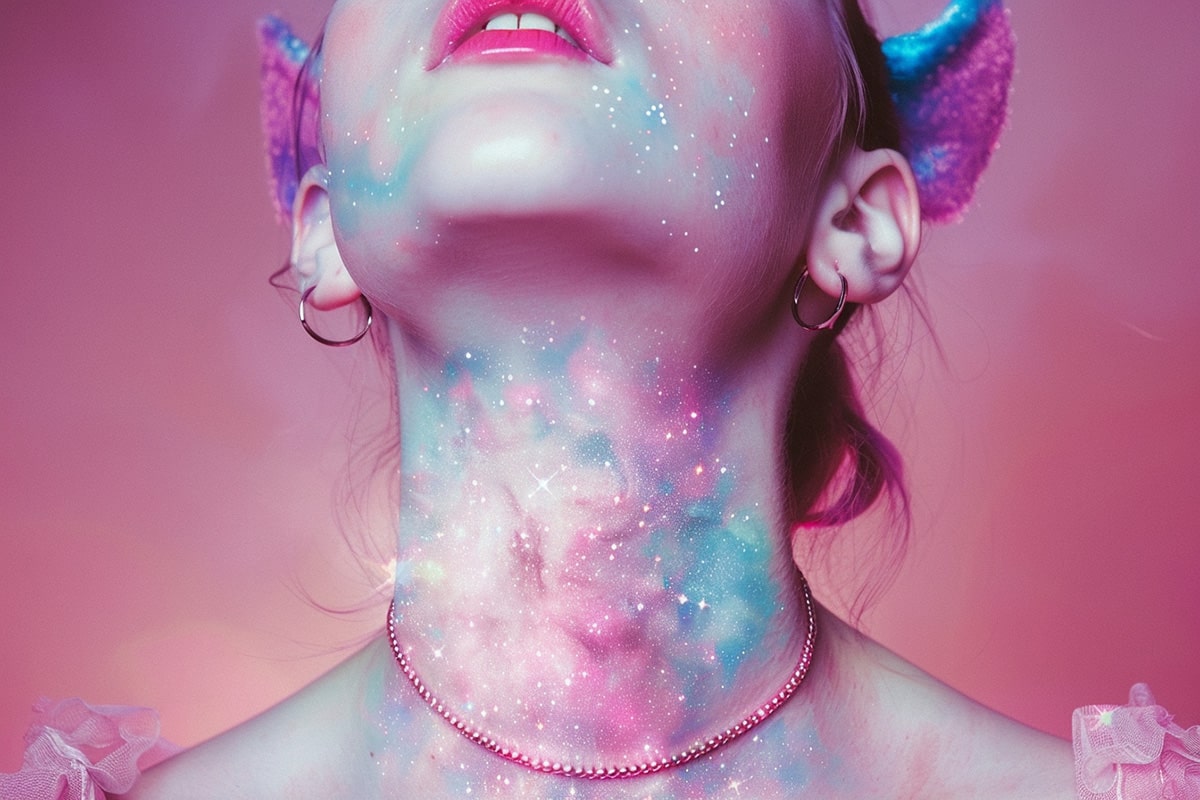 Surreal portrait of a person with pastel nebula art glowing across their throat and jawline—symbolizing the voice of queer pride, trans power, and the cosmic truth of identity expression.