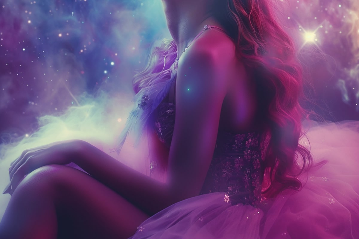 Whimsical image of a feminine-presenting person seated in a galaxy-inspired tulle dress, surrounded by glowing stardust—evoking queer magic, trans pride, and non-binary radiance in a dreamlike cosmos.