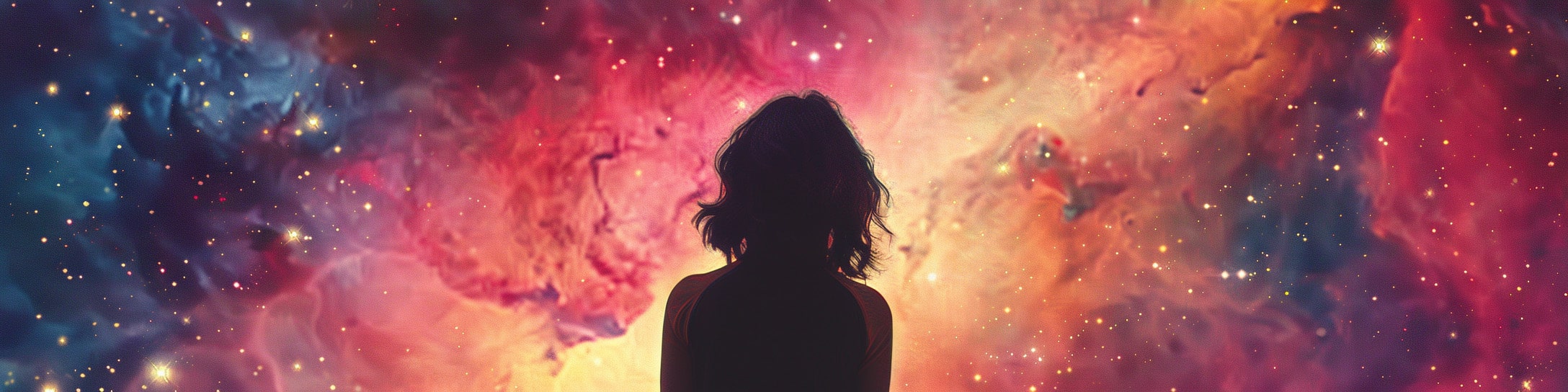 Silhouette of a gender-ambiguous figure gazing into a vibrant nebula sky filled with stars—representing cosmic self-discovery, queer awakening, and the beauty of being untethered to the binary.