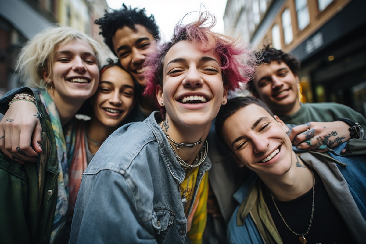 Joyful group of androgynous and gender-diverse friends laughing in the street, radiating queer pride, authenticity, and chosen family energy—TOMSCOUT’s community-first values embodied in one vibrant, affirming moment.