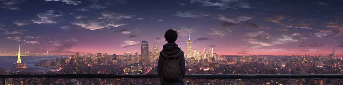 Non-binary individual in a black hoodie and backpack, contemplatively watching the city's urban night view from a high vantage point.