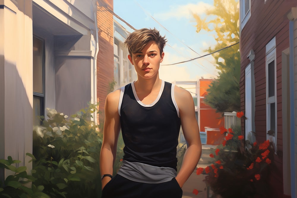 Non-binary, androgynous tomboy transman lesbian in a black tank top, showcasing a flat chest with pride, posing in a neighborhood backyard. Featured in TOMSCOUT Chest Binders collection, LGBTQ+ Clothing, and Tote Bags on an LGBTQ-owned e-commerce store's home page.