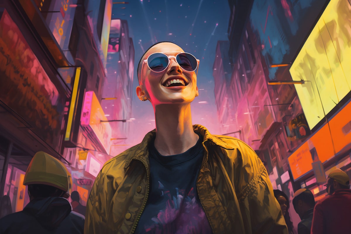 In a neon-lit city, a happy non-binary individual with a buzz cut smiles confidently, symbolizing pride and the essence of the LGBT community.