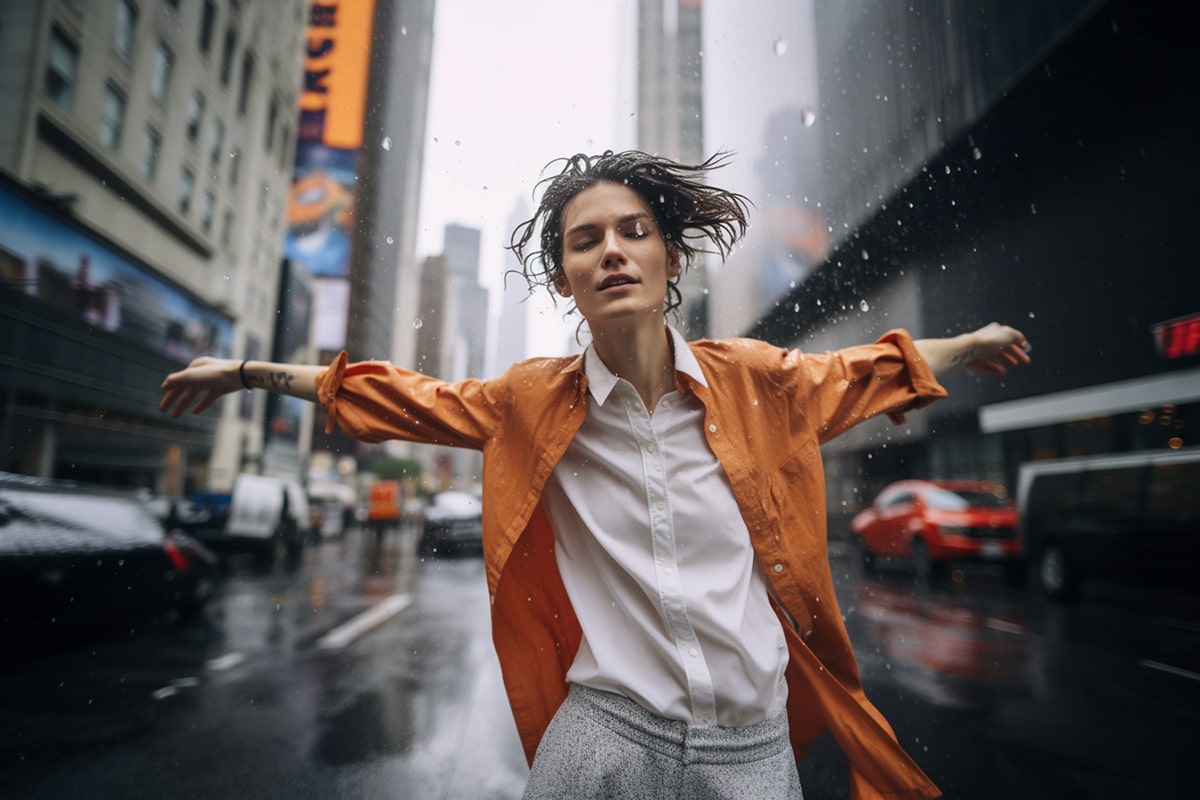 Non-binary person with medium hair in an orange shirt, radiating pride and confidence in the rain, symbolizing their happy coming out journey in the LGBT community.