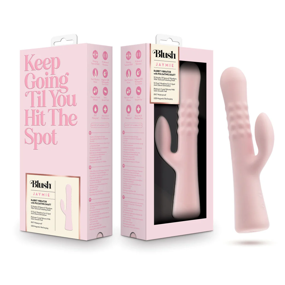 Retail packaging of the Singapore Blush Jaymie dual stimulator featuring bold typography and a window display—crafted for tomboys, lesbians, and queer femmes who value aesthetics as much as sensation.