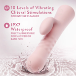 The waterproof Singapore Blush Jaymie dual stimulator emerging from water, promoting its IPX7 rating and 10 levels of clitoral vibration—built for lesbians and queer femmes who love intimate moments in the bath or shower.