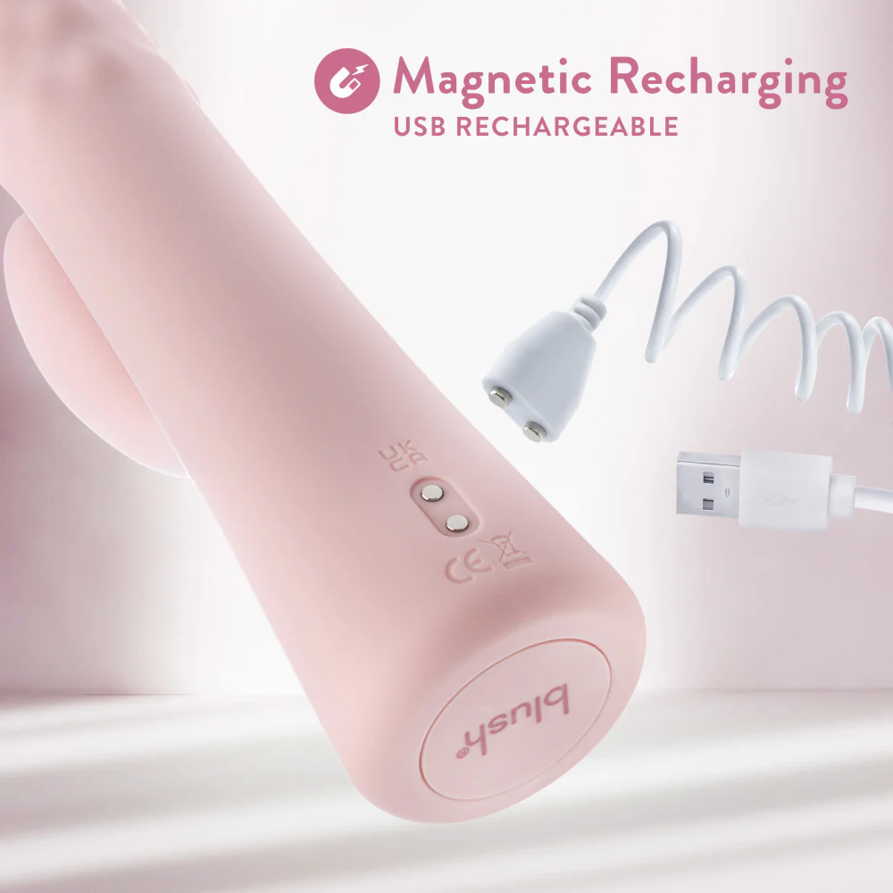 Detail view of the Singapore Blush Jaymie’s magnetic USB charging system, highlighting ease of use for FTM individuals or disabled users seeking accessible, frustration-free power-ups for their self-pleasure sessions.