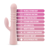 Feature breakdown of the Singapore Blush Jaymie rabbit vibrator, spotlighting its pulsing shaft, dual vibration points, and lab-tested, phthalate-free silicone—crafted for gender-diverse people prioritizing both function and safety.