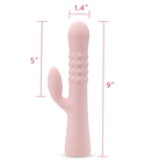 Measurement graphic of the Singapore Blush Jaymie vibe with 9-inch full length and 5-inch insertable shaft—ideal for queer users looking for medium-intensity penetration paired with powerful external stimulation.