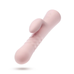 Floating product view of the Singapore Blush Jaymie from a front angle, highlighting its bulbous G-spot tip and curved clitoral arm—engineered to meet the needs of trans men and genderfluid users exploring their evolving desires.