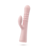 Clean product shot of the Singapore Blush Jaymie rabbit vibrator in side profile, showcasing its ergonomic form and textured shaft—built for androgynous users seeking internal massage with gentle surface stimulation.