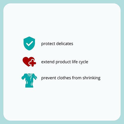 Simple TOMSCOUT laundry care graphic showing icons for “protect delicates,” “extend product life cycle,” and “prevent clothes from shrinking.” A clear, accessible reminder that care is an act of self-love—and preservation of gender-affirming essentials.
