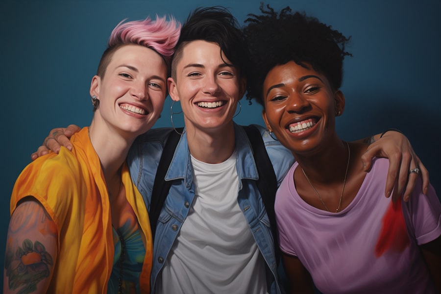 A joyful gathering of a diverse non-binary androgynous tomboy transman lesbian group, all celebrating pride and equality, featured in the TOMSCOUT Chest Binder Product Tester Program.