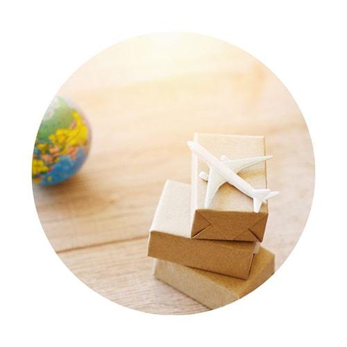 Symbolic TOMSCOUT shipping concept with eco-wrapped parcels, a white airplane model, and a colorful globe—representing global delivery of gender-affirming apparel and LGBTQ+ lifestyle accessories.