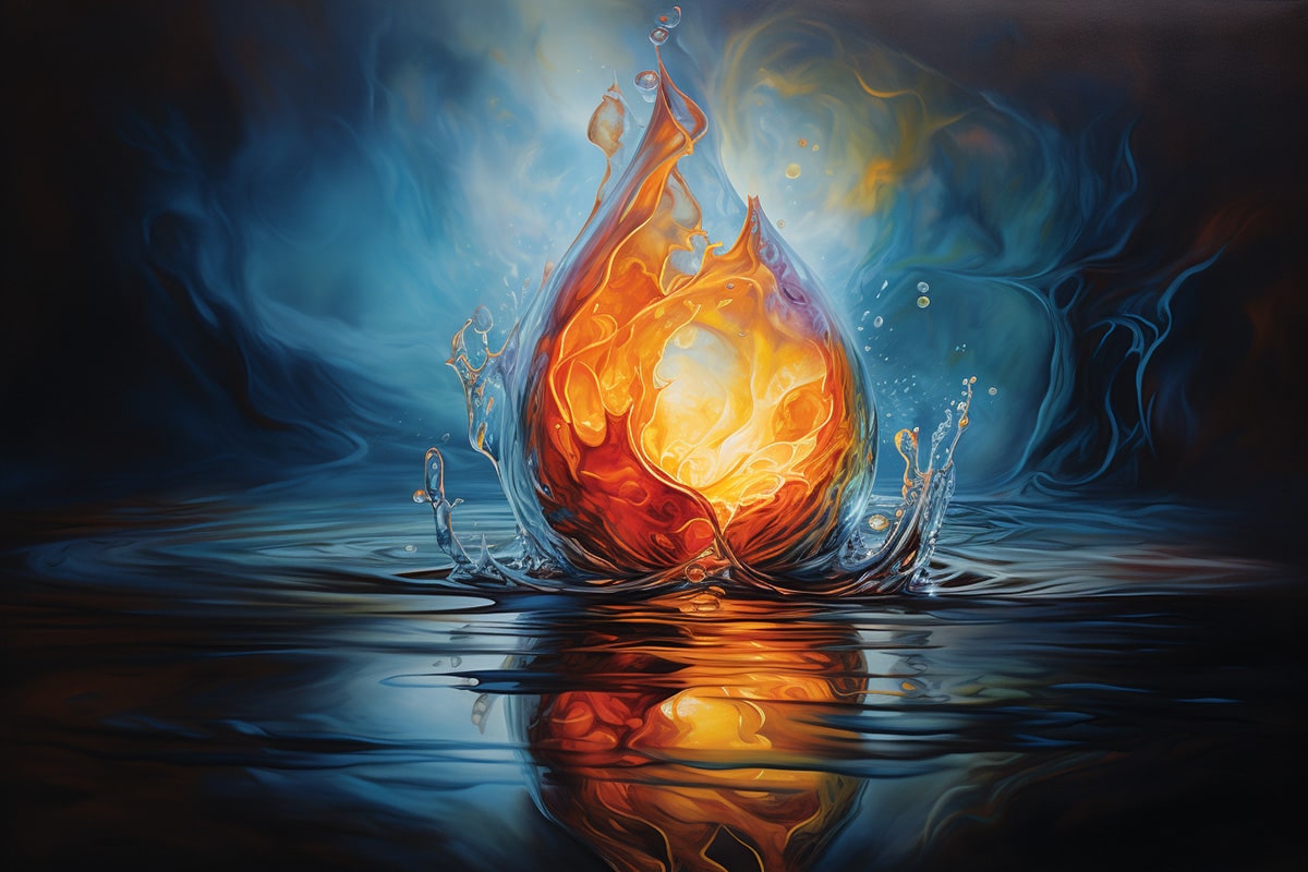 Artistic representation of one drop of water and one blaze of fire coming together, symbolizing unity and contrast.