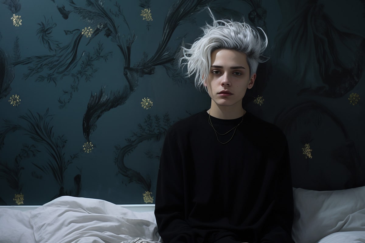 A non-binary individual with white hair, showcasing a sad expression in a Nordic-inspired bedroom, symbolizing a journey of self-discovery amidst a cool-toned ambiance.