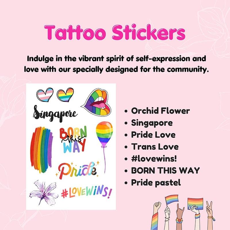LGBTQ+ pride tattoo sticker sheet by TOMSCOUT featuring vibrant icons like rainbow lips, trans hearts, orchid flower, “Born This Way” text, and #LoveWins slogans—designed for queer expression and Singapore LGBTQ community pride.