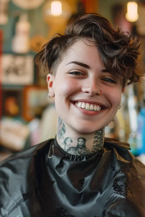 Vibrant FTM Transman with a tousled, gender-affirming fade haircut and bright smile, exuding confidence in a warmly lit barbershop filled with retro decor and barber essentials. Their tattoos and nose ring speak to empowerment and authenticity. TOMSCOUT Ultimate Hairstyle Galleryfor Non-Binary, Transmasculine, Androgynous, and All Gender Expressions.