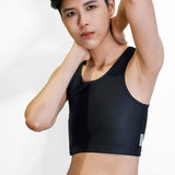 Non-binary Tomboy in a black color non-bandage TOMSCOUT Chest Binder, part of the TOMSCOUT ACTIVE BINDER collection, showcasing a clearance binder that's affordable yet high quality.