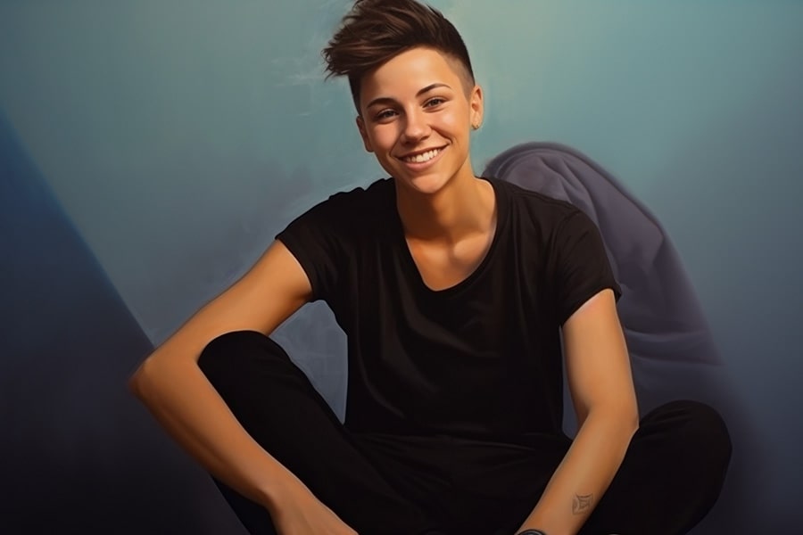 Non-binary individual with an androgynous look, featuring a clean haircut and wearing a white sports bra for a gender-neutral appearance, radiating warmth with a smile.