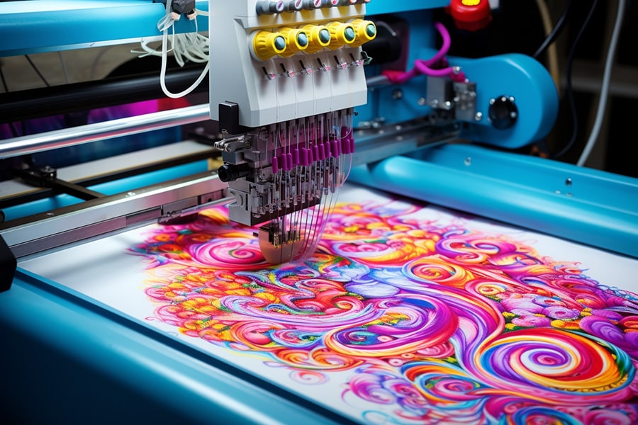 Embroidery machine at work, intricately stitching a bright, cotton candy-themed design onto fabric, showcasing modern textile art.