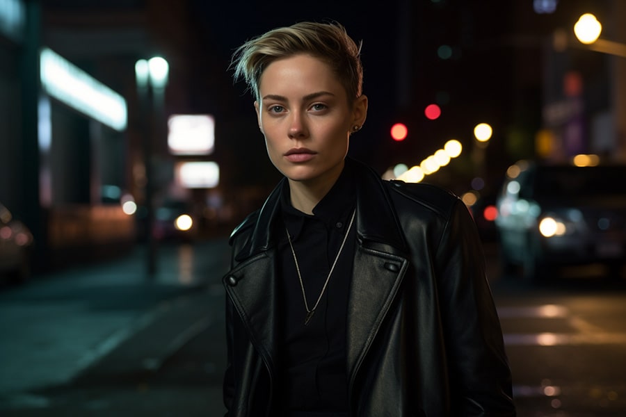 Non-binary androgynous tomboy in New York City, sporting a stylish black leather long jacket with a clean haircut, captured in a cool-toned, wide-view night-time photoshoot.