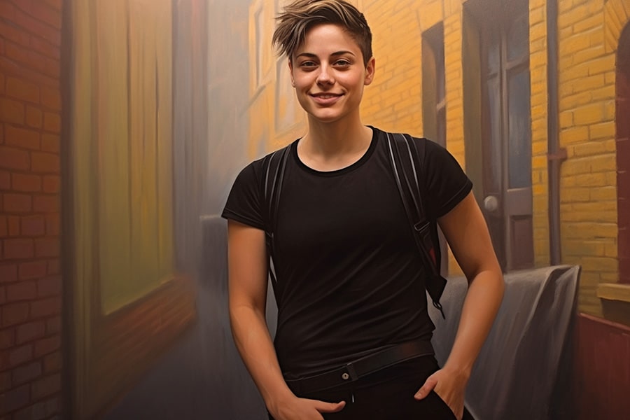 Full-body shot of a non-binary transgender tomboy with an androgynous look, featuring a clean haircut and black chest binder for chest compression, their warm smile enhancing their gender-neutral appearance.