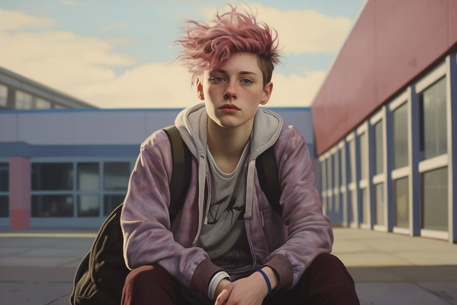 Non-binary teenager seated outside a hospital, their thoughtful expression reflecting concerns and considerations about top surgery.