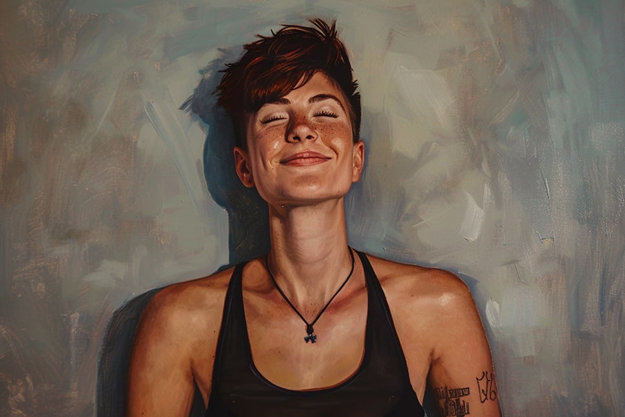 Full-body view of a non-binary androgynous individual with a masculine tomboy style, showcasing a clean haircut and a smiling face. They are wearing a black sports bra and have a chest binder on for a flattened chest appearance.