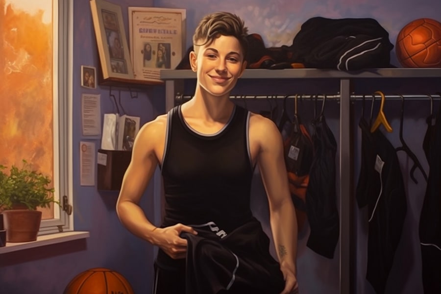Non-binary transgender tomboy in their bedroom, showcasing an open concept wardrobe, thoughtfully holding a chest binder.