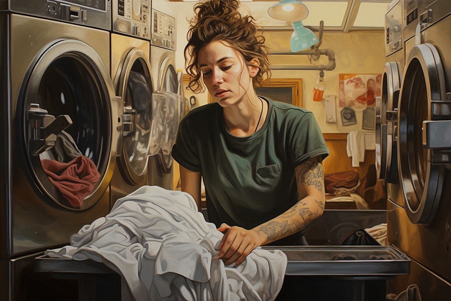 Non-binary androgynous person handwashing laundry, captured in a wide-view setting that highlights the simplicity and mindfulness of the task.