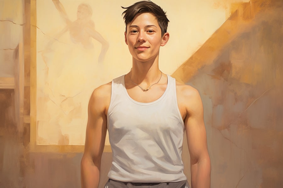 Full-body portrait of a non-binary individual exuding androgynous style, with a neat haircut and white sports bra for a chest-flattening, gender-neutral look, complemented by a warm, welcoming smile.
