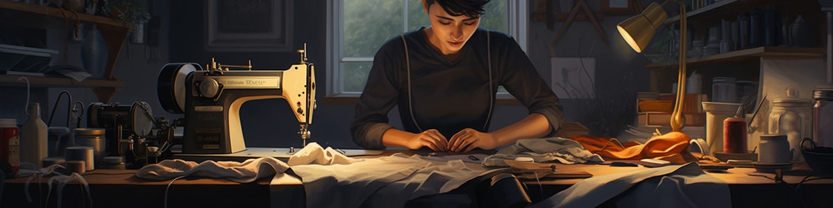 Non-binary tailor focused at their sewing table in a warmly lit studio, surrounded by fabric, thread, and a vintage machine—representing TOMSCOUT’s handcrafted commitment to gender-affirming apparel made with care, pride, and purpose.