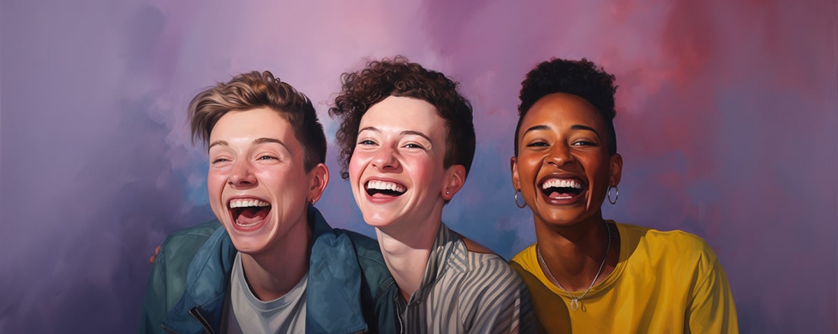 Three queer friends—tomboy, lesbian, and androgynous—laughing together against a dreamy purple backdrop, exuding pure joy and connection; a visual celebration of chosen family and TOMSCOUT’s affirming, community-driven ethos.
