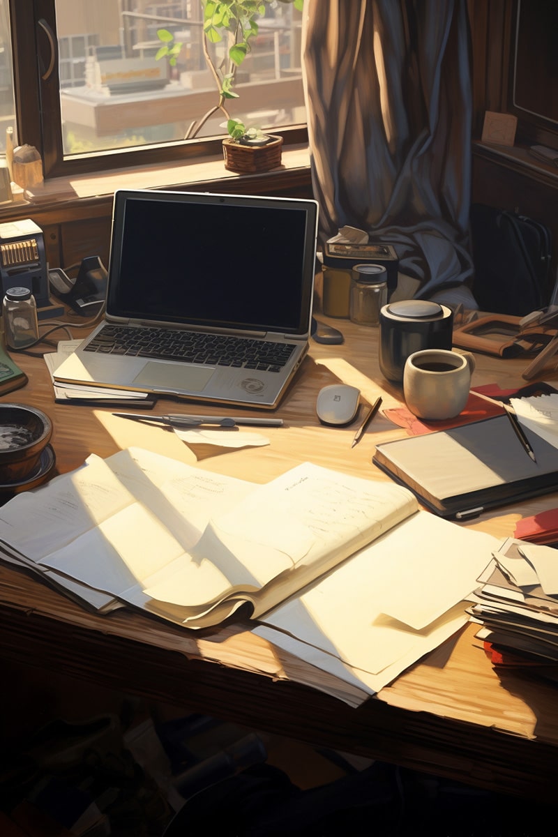 Sun-drenched wooden desk with a laptop, open sketchbooks, coffee mugs, and handwritten notes—symbolizing the behind-the-scenes passion, design process, and grassroots energy that power TOMSCOUT’s gender-affirming mission.