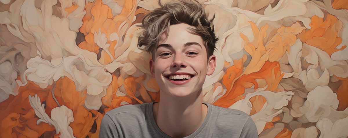 A joyful non-binary androgynous tomboy transman lesbian proudly embracing their identity and journey, celebrating pride and equality, featured on the TOMSCOUT About Us Page.