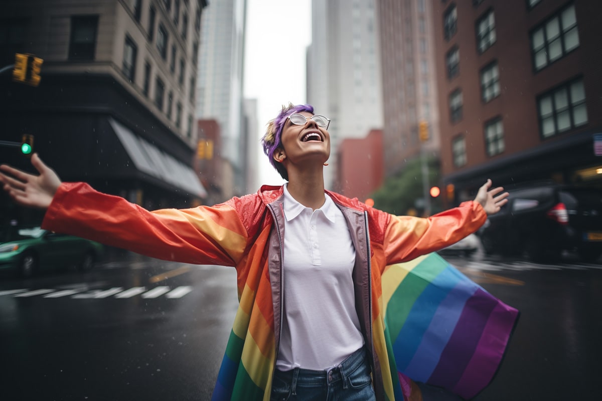 Ecstatic non-binary person with rainbow jacket and short lavender hair spreading their arms wide in a city street—TOMSCOUT's celebration of queer freedom and pride visibility.