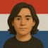 Animated portrait of an androgynous individual with flowing black hair and subtle gold hoops, standing in front of the Dutch flag, honoring fluid gender expression and European queer pride.