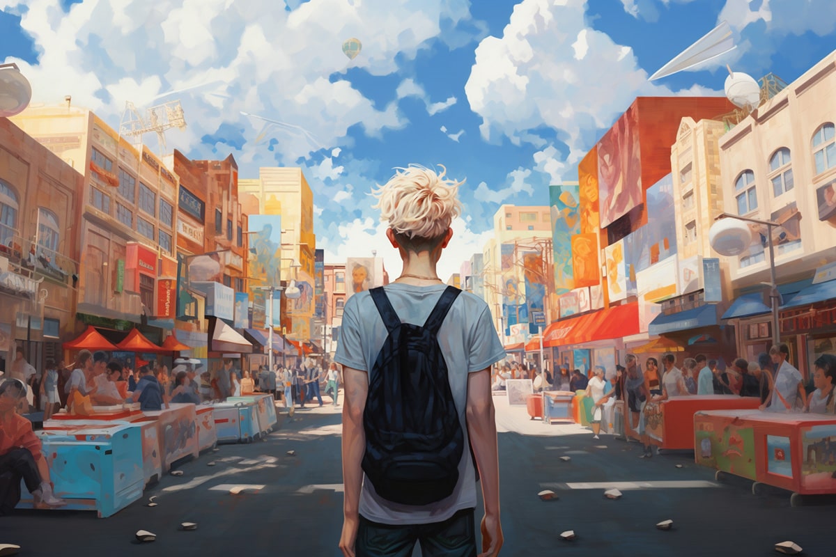 Blonde-haired, short clean-cut, non-binary transgender male with a backpack, viewed from the back, gazing thoughtfully at the street, reflecting on his personal journey.