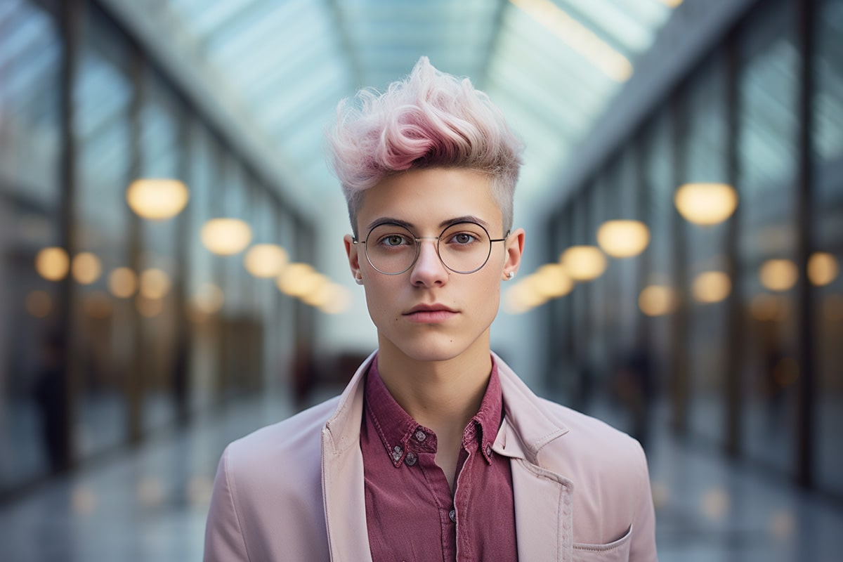 Transgender individual dressed in an elegant pink suit and shirt, with glasses on, smiling happily and proudly, embodying a sophisticated and elegant look in an office setting.