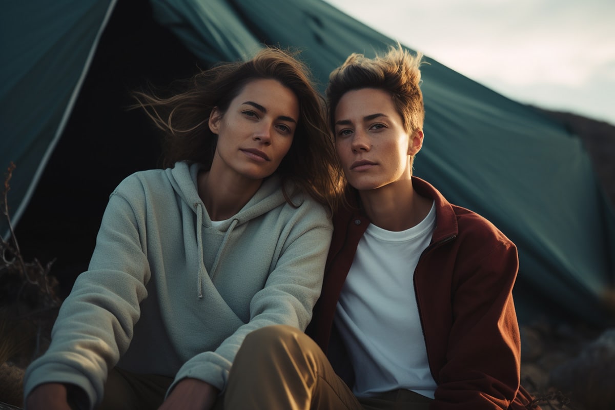 Lesbian couple in nature, enjoying a camping trip, captured in a beautiful portrait photograph that reflects the essence of the LGBT community.