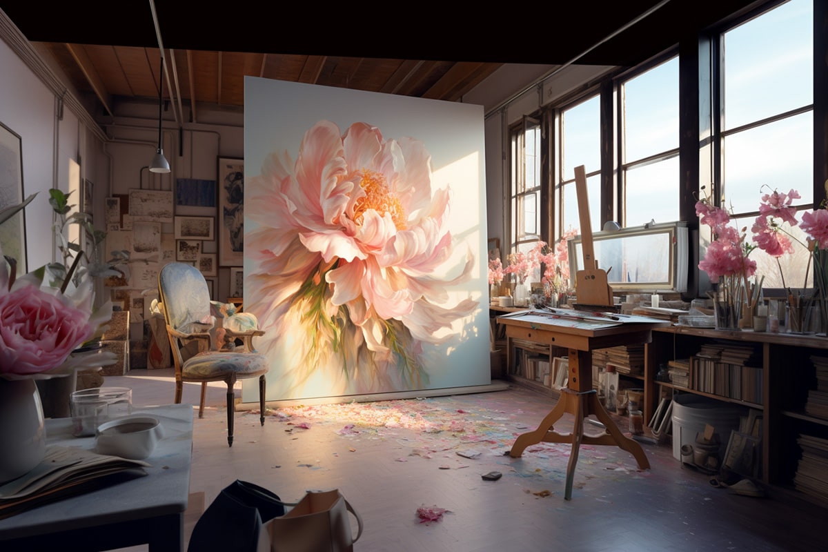 Art gallery showcasing a flourishing pink flower, representing the glowing LGBT community, set in an artistic working space with oil paintings.