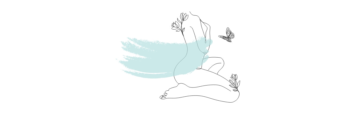 Minimalist line art of a kneeling figure adorned with blooming flowers and a butterfly, set against a soft teal brushstroke—symbolizing body transformation, growth, and gender euphoria at the heart of TOMSCOUT’s sizing support journey.