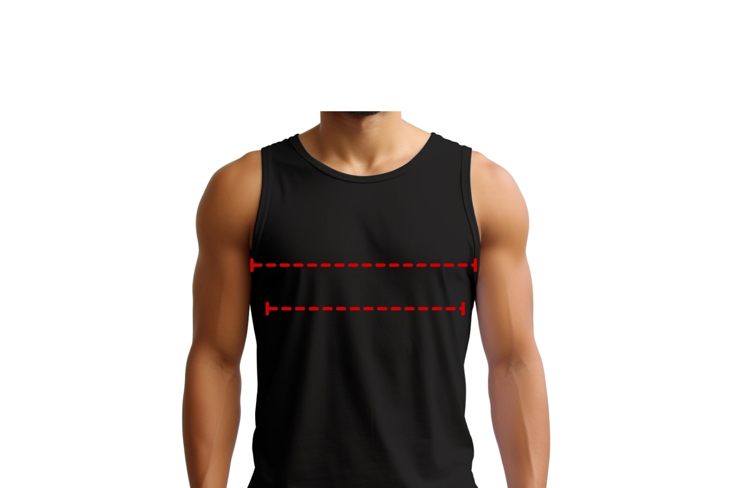 FTM-presenting person in a black tank with red dashed lines across the chest and underbust—demonstrating how to take binder measurements while wearing a shirt, making the TOMSCOUT fit process inclusive and accessible.