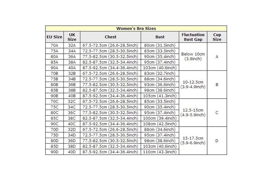 The bra size conversion chart of women’s bra sizes from EU size to UK size, along with chest, cup size, and top bust measurements. TOMSCOUT Chest Binder Size Guide