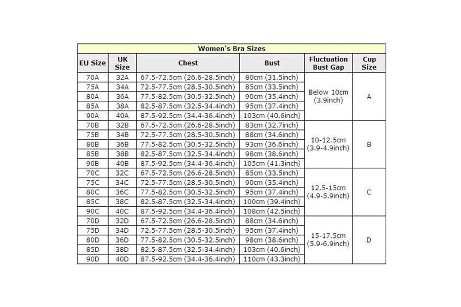 Detailed women’s bra size conversion chart listing EU, UK, chest, bust, cup, and fluctuation gap measurements—used by TOMSCOUT to help customers translate traditional sizing into binder measurements for a secure, gender-affirming fit.