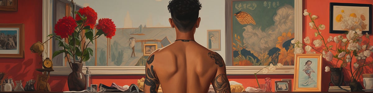 A shirtless trans man with intricate tattoos stands before a mirror in a cozy, art-filled room adorned with flowers, framed portraits, and nostalgic trinkets. The serene composition celebrates trans masculinity, self-love, and body autonomy in a sacred personal space.