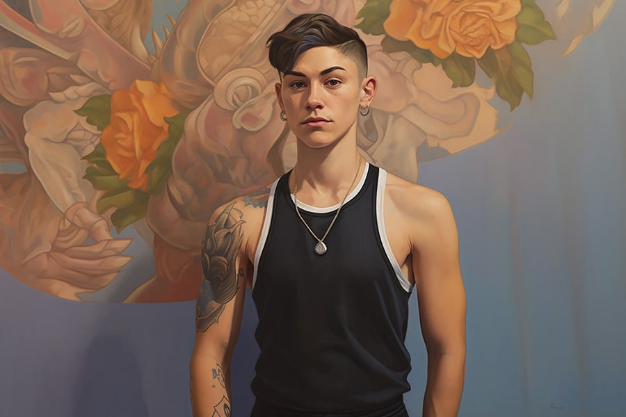 Illustrative portrait of a tattooed trans man in a black tank top standing confidently in front of a floral mural. His direct gaze and strong stance evoke gender euphoria and artistic self-possession, embodying TOMSCOUT’s mission to empower FTM bodies through style and presence.